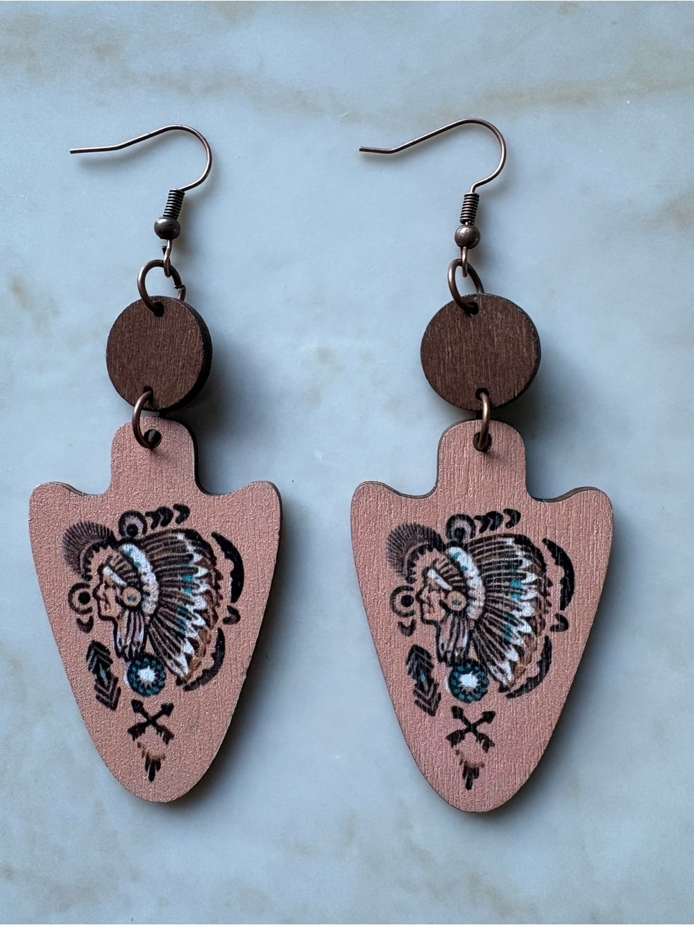 Handpainted Pink Arrowhead Earrings with Tribal Headdress Design